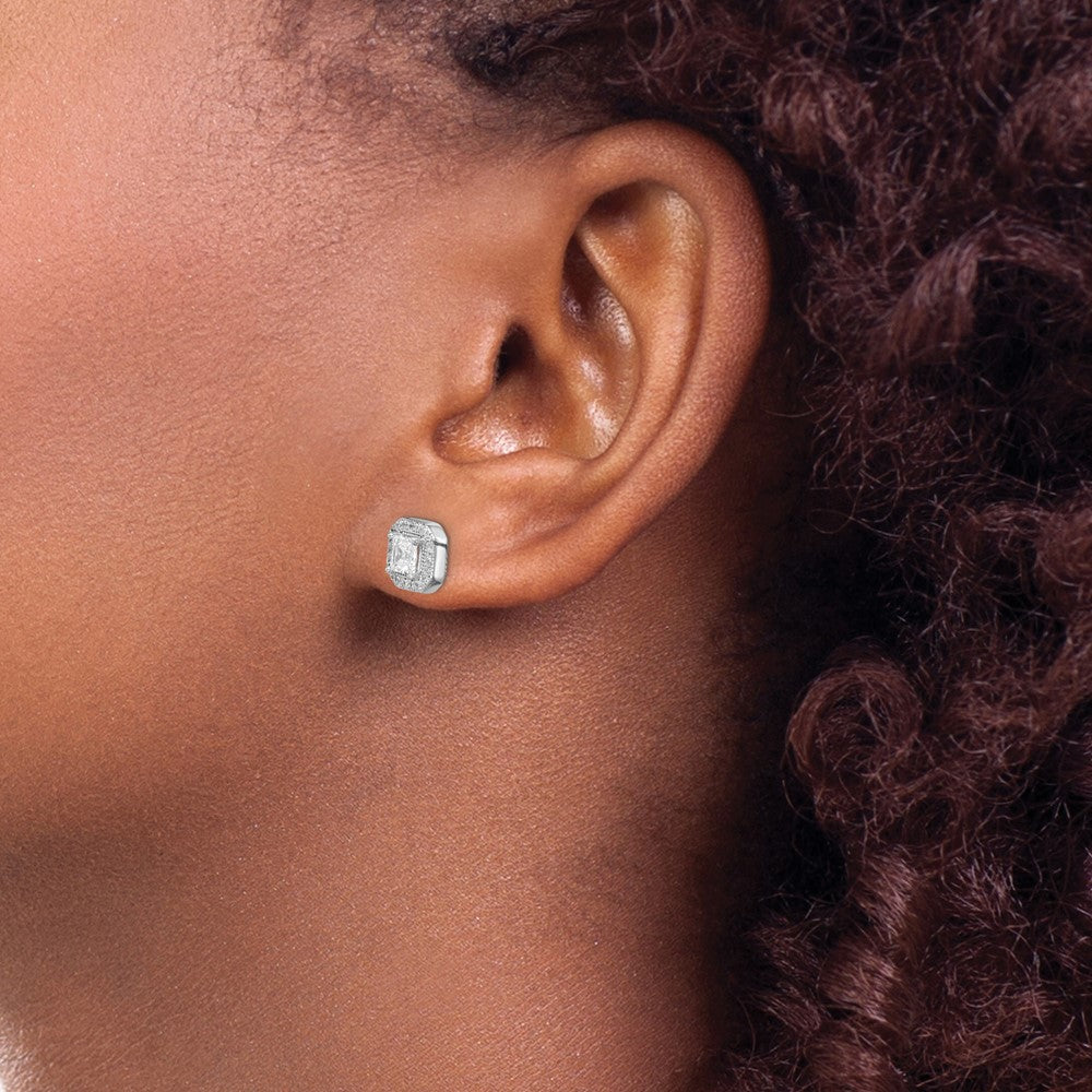 Sterling Silver Rhodium Plated Square Clear Center and Clear CZ Post Earrings