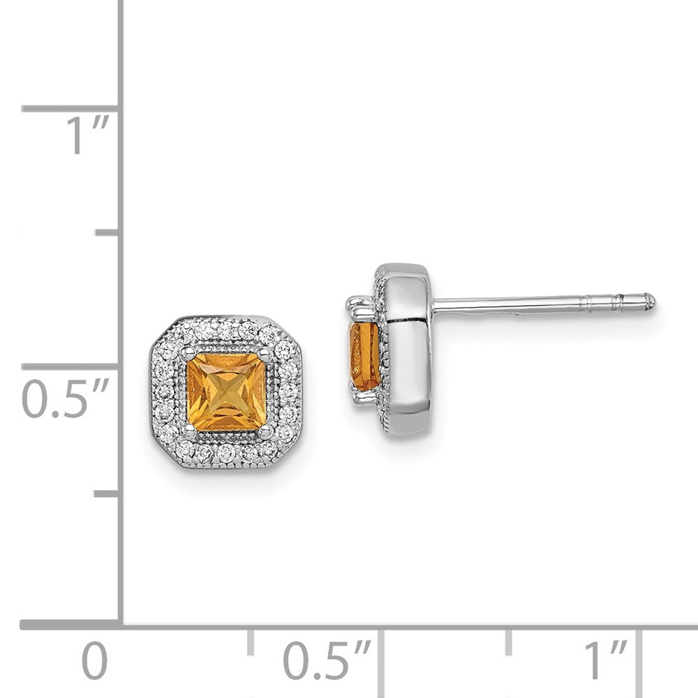 Sterling Silver Rhodium Plated Square Dark Yellow and Clear CZ Post Earrings