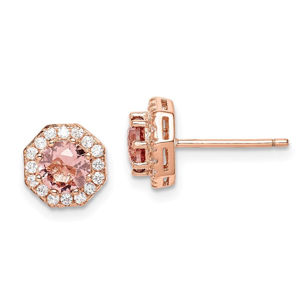 Sterling Silver Rose-tone Polished Pink Crystal & CZ Halo Post Earrings
