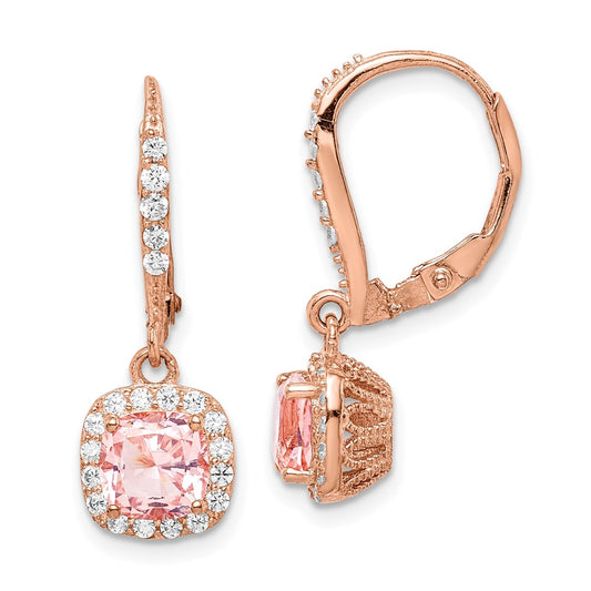 Sterling Silver Rose-tone Pink Crystal & CZ Halo Leverback Dangle Earrings
