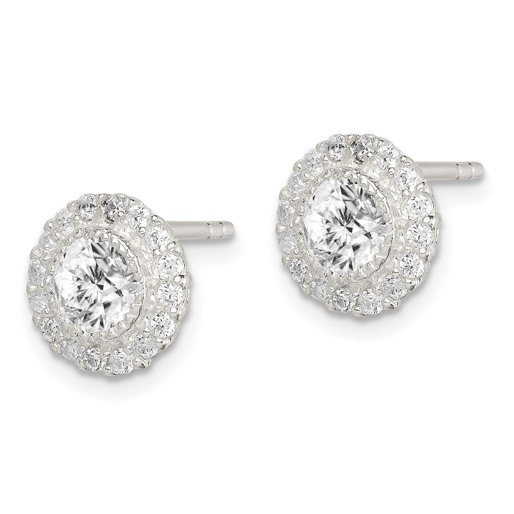 Sterling Silver Polished & Textured CZ Halo Round Post Earrings