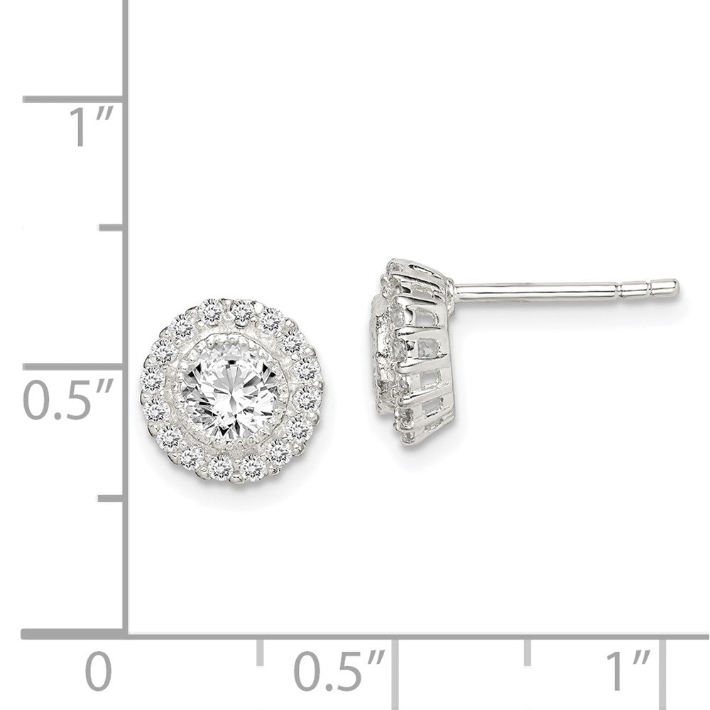 Sterling Silver Polished & Textured CZ Halo Round Post Earrings