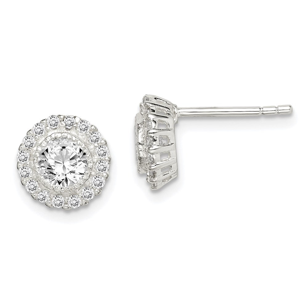 Sterling Silver Polished & Textured CZ Halo Round Post Earrings