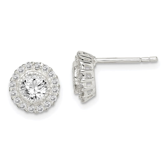 Sterling Silver Polished & Textured CZ Halo Round Post Earrings