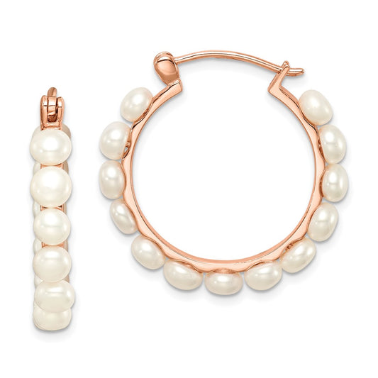 Sterling Silver Rose-tone 18k Flash Gold-plated 4-5mm White Button Freshwater Cultured Pearl Hoop Earrings