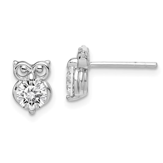 Sterling Silver Rhodium Plated CZ Owl Earrings