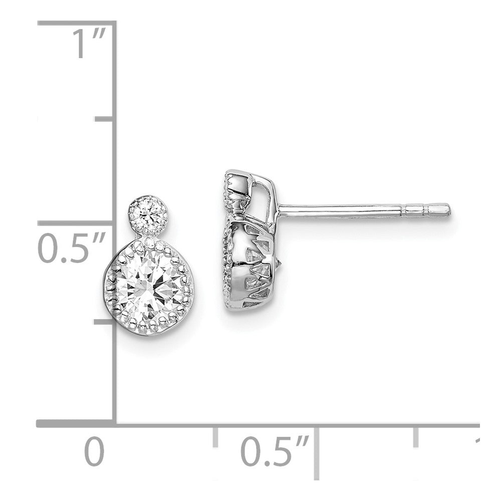 Sterling Silver RH-plated Polished & Beaded Double CZ Circle Post Earrings
