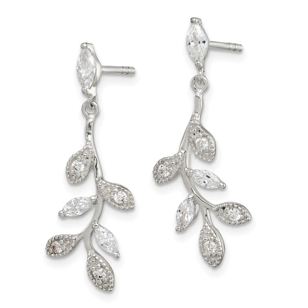 Sterling Silver Polished CZ Branch and Leaves Post Dangle Earrings