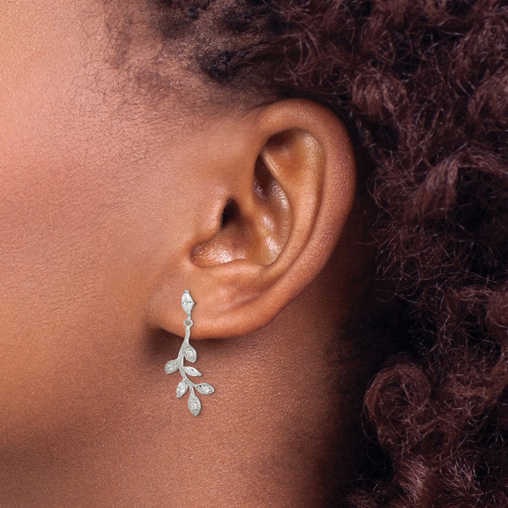 Sterling Silver Polished CZ Branch and Leaves Post Dangle Earrings