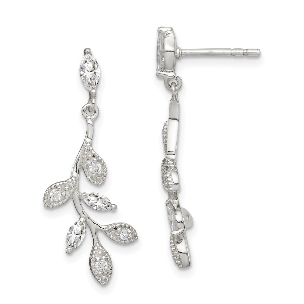 Sterling Silver Polished CZ Branch and Leaves Post Dangle Earrings