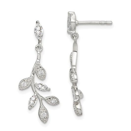 Sterling Silver Polished CZ Branch and Leaves Post Dangle Earrings