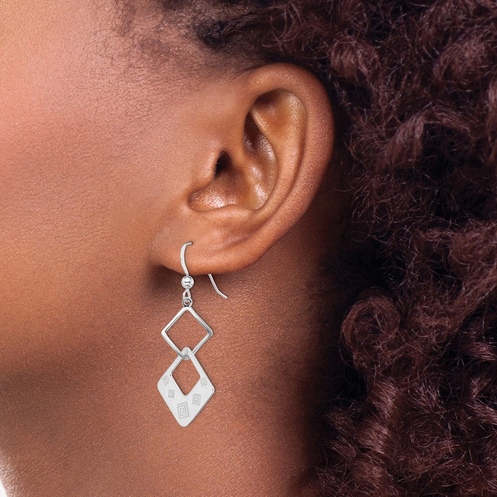 Sterling Silver Polished Geometric Design Diamond Shape Dangle Earrings
