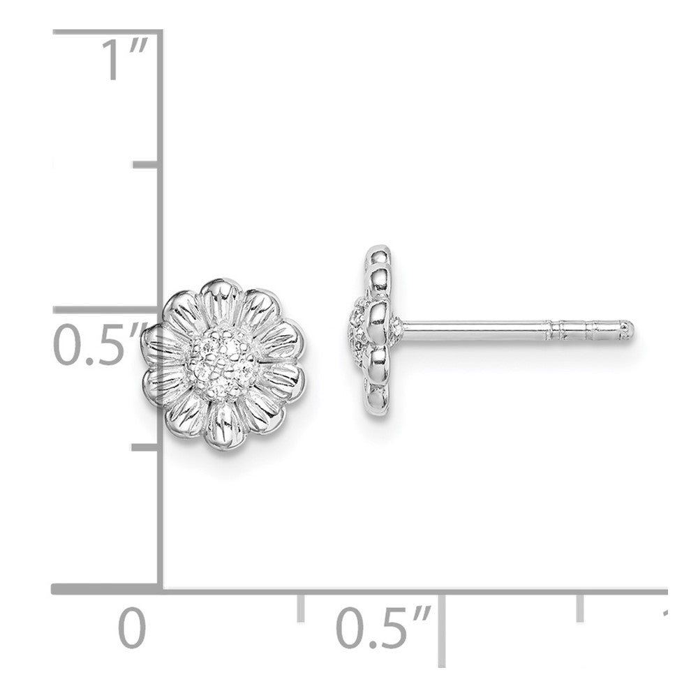 Sterling Silver Rhod-plated Polished & Textured CZ Flower Post Earrings