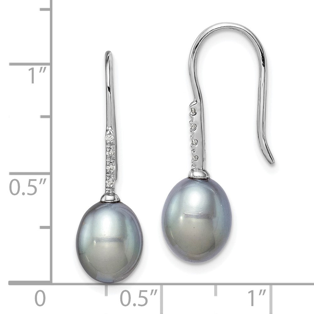 Sterling Silver Rhodium-plated 7-8mm Grey Teardrop Freshwater Cultured Pearl and CZ Dangle Earrings
