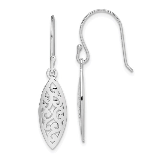 Sterling Silver Rhod-plated Polished Filigree Marquise Shape Dangle Earring