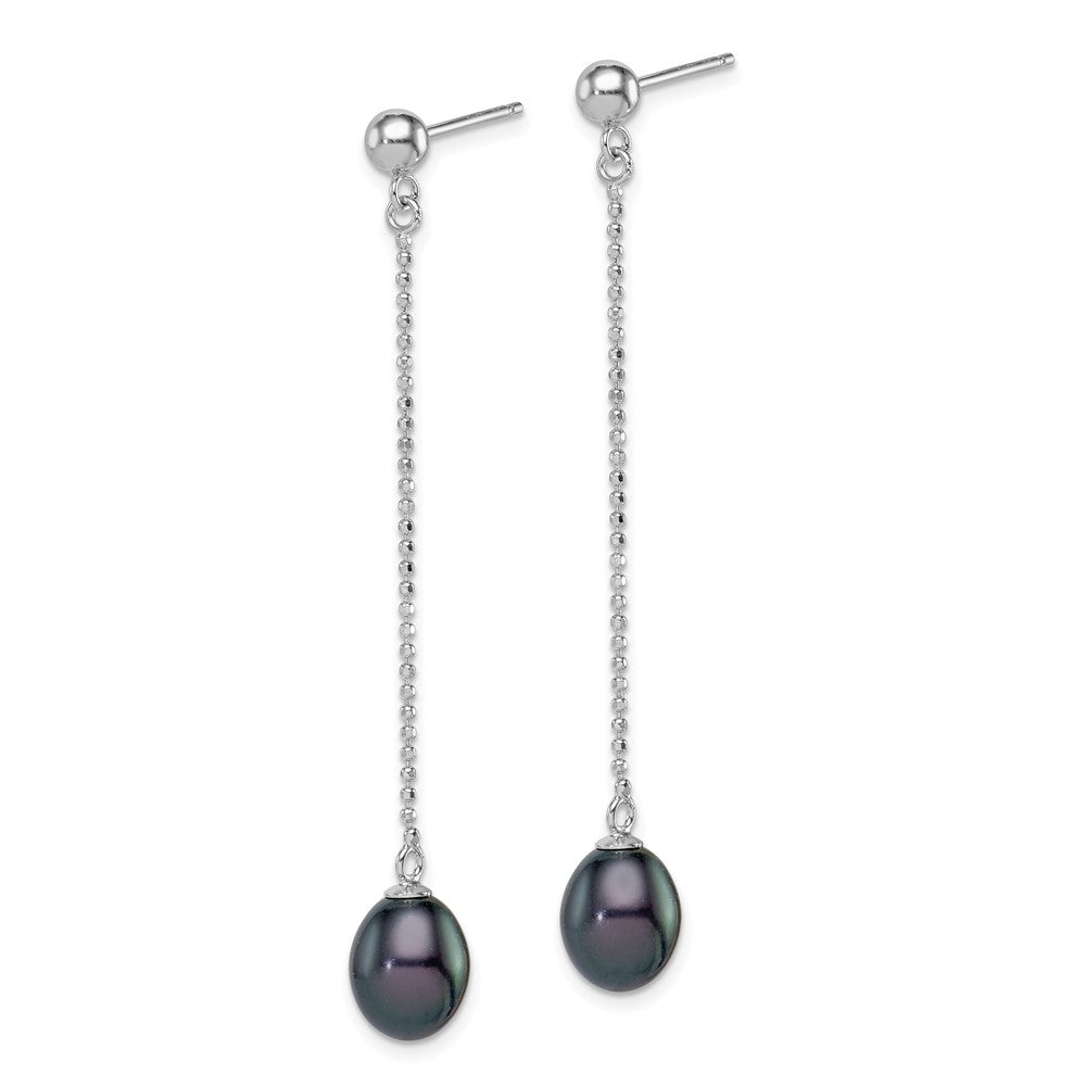 Sterling Silver Rhodium-plated 7-8mm Black Teardrop Freshwater Cultured Pearl Post Dangle Earrings