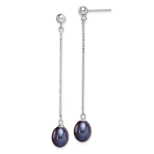 Sterling Silver Rhodium-plated 7-8mm Black Teardrop Freshwater Cultured Pearl Post Dangle Earrings