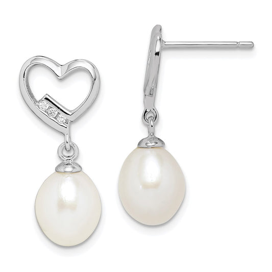 Sterling Silver Rhodium-plated 7-8mm White Rice Freshwater Pearl and CZ Heart Post Dangle Earrings