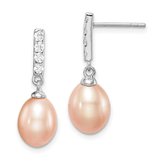 Sterling Silver Rhodium-plated 8-9mm Pink Teardrop Freshwater Cultured Pearl and CZ Post Dangle Earrings