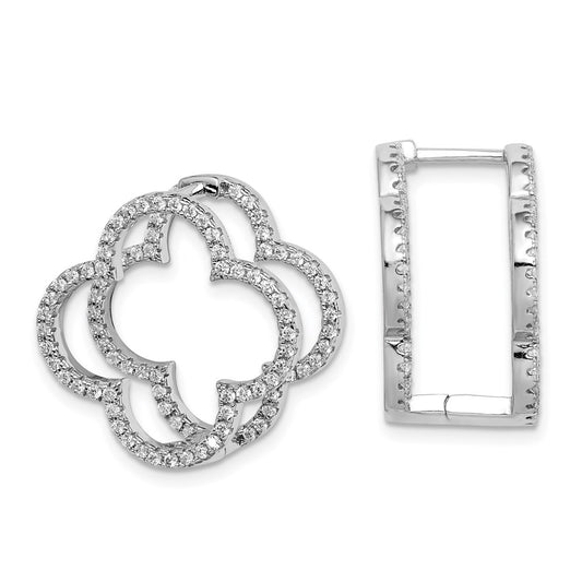 Sterling Silver Rhodium-plated CZ Quatrefoil Hinged In/Out Earrings