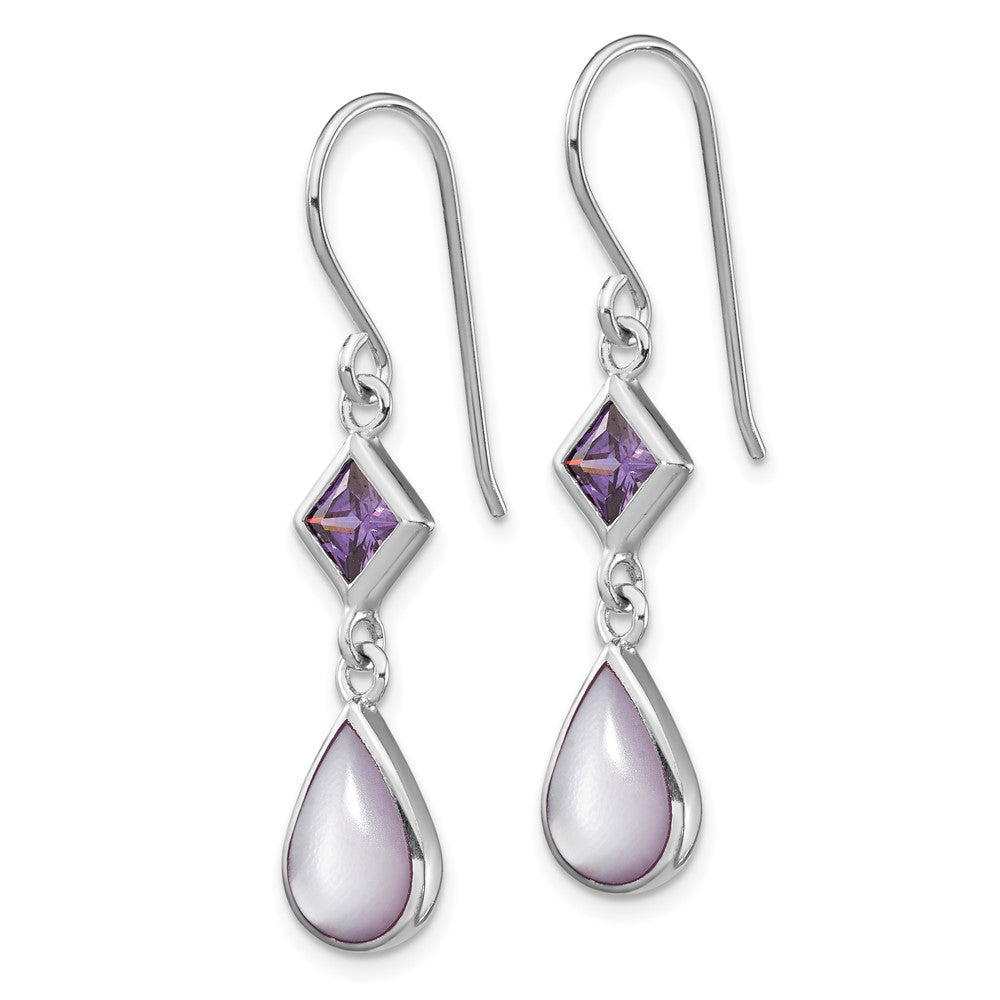 Sterling Silver RH-pltd Polished Purple CZ & MOP Teardrop Dangle Earrings