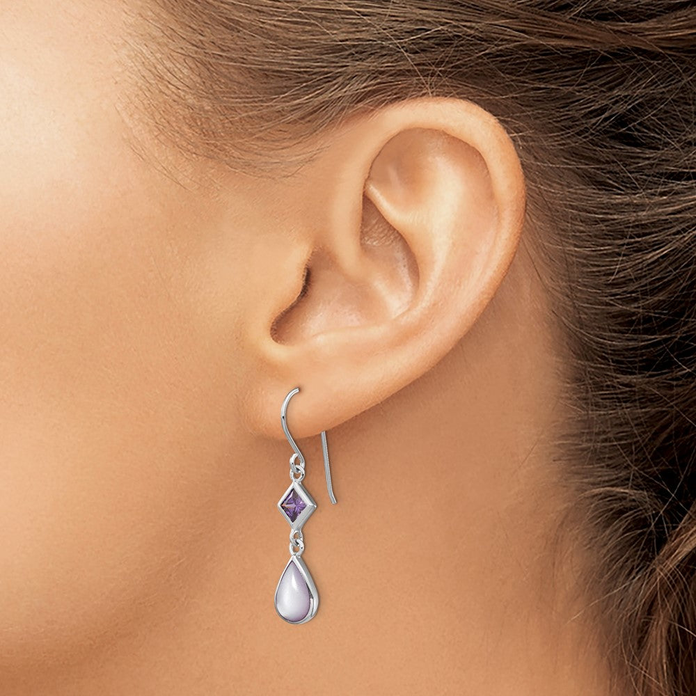 Sterling Silver RH-pltd Polished Purple CZ & MOP Teardrop Dangle Earrings