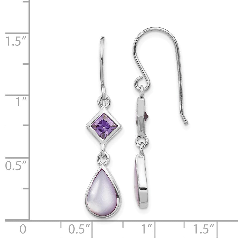 Sterling Silver RH-pltd Polished Purple CZ & MOP Teardrop Dangle Earrings