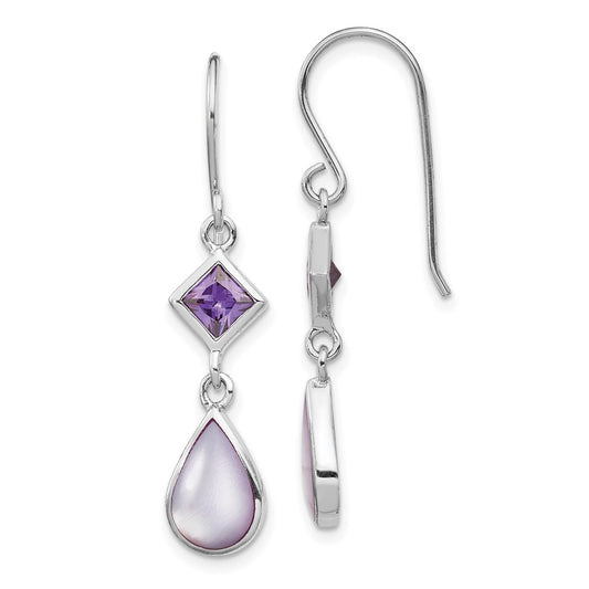 Sterling Silver RH-pltd Polished Purple CZ & MOP Teardrop Dangle Earrings
