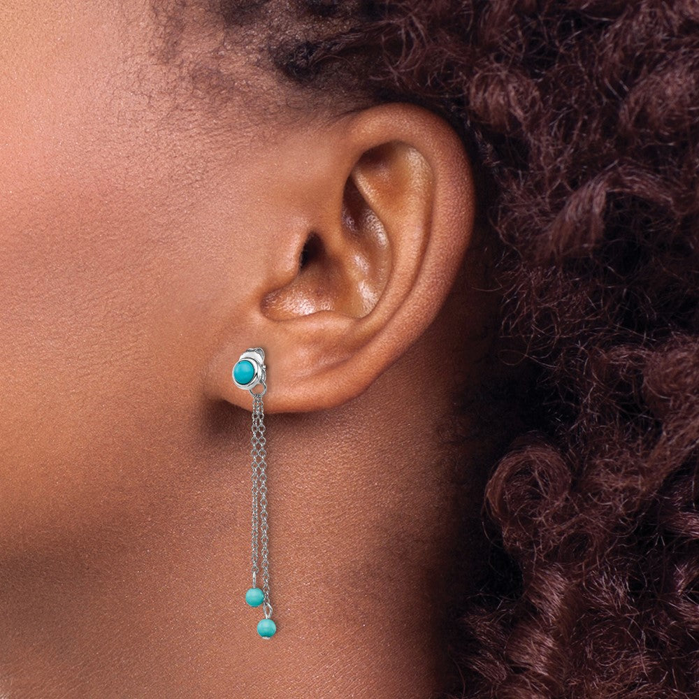 Sterling Silver Rhodium-plated Polished Imitation Turquoise Front & Back Chain Post Dangle Earrings