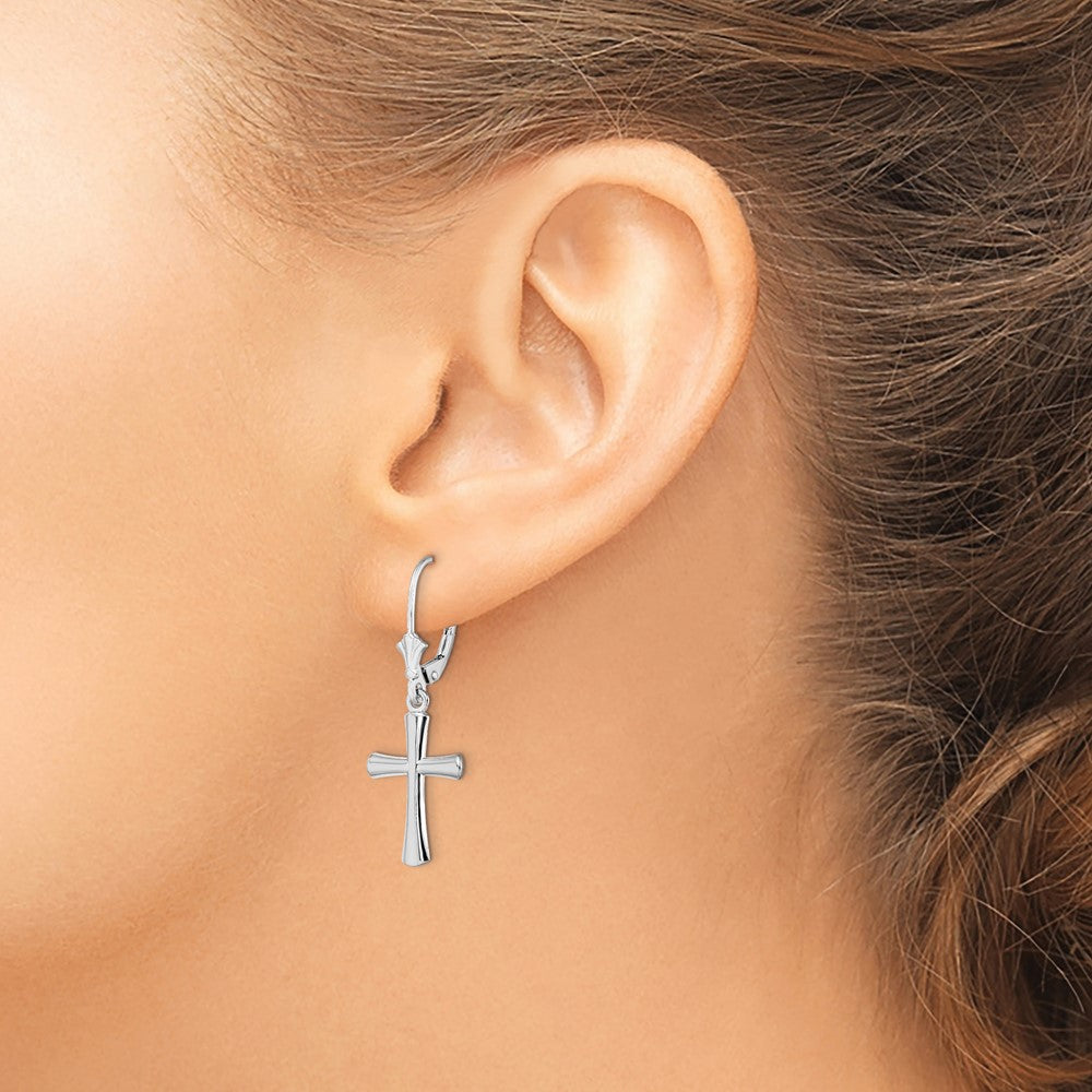De-Ani Sterling Silver Rhodium-Plated Polished Beveled Latin Cross Leverback Earrings