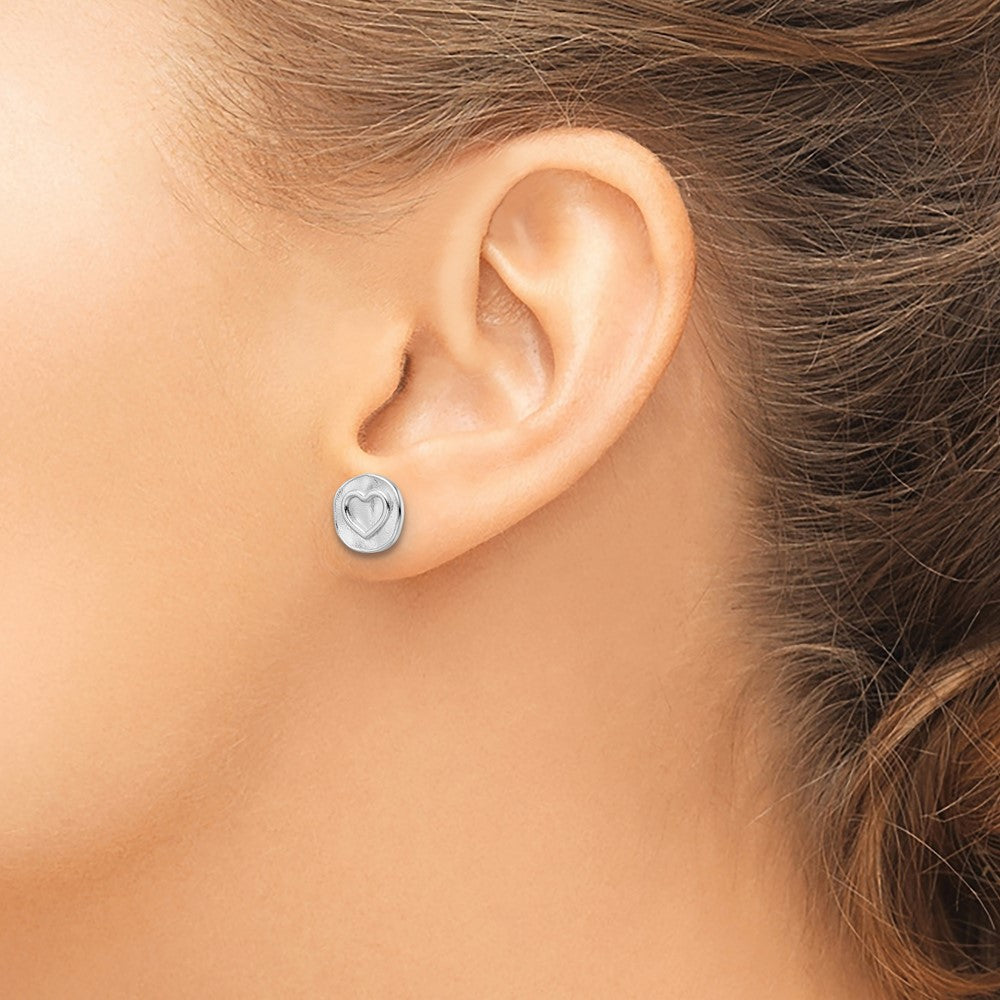 Sterling Silver Rhodium-plated Heart in Satin Circle Post Earrings