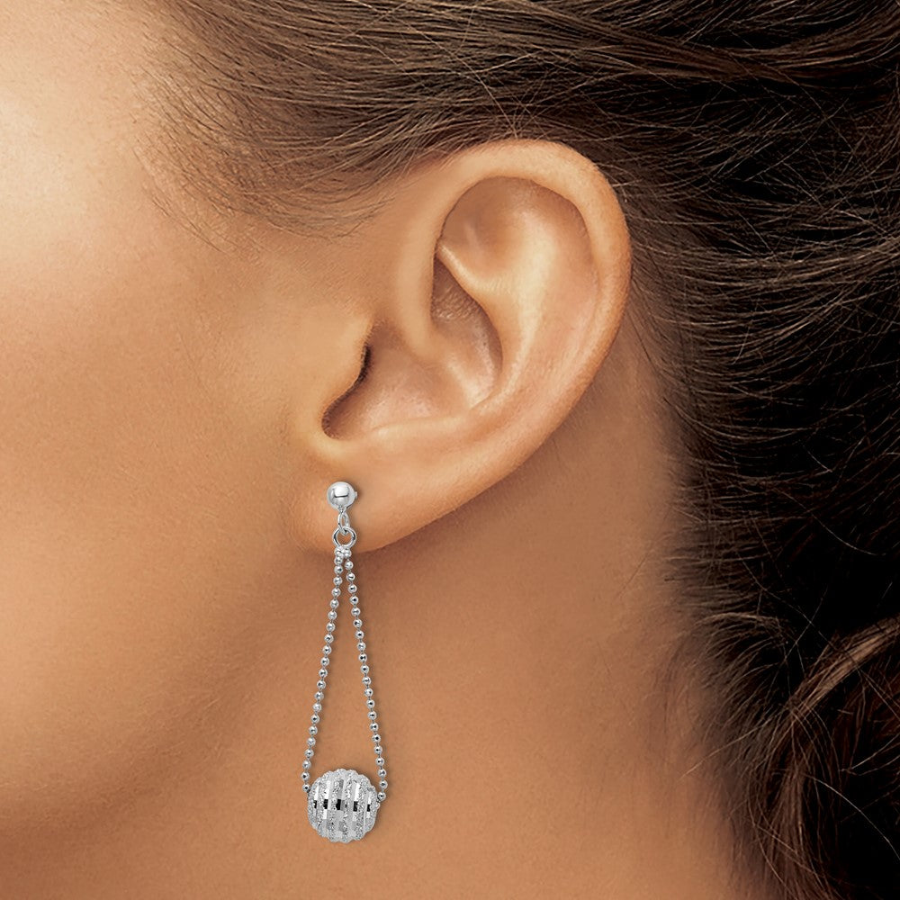 Sterling Silver Rhodium-plated Lasered Bead Chain Dangle Post Earrings