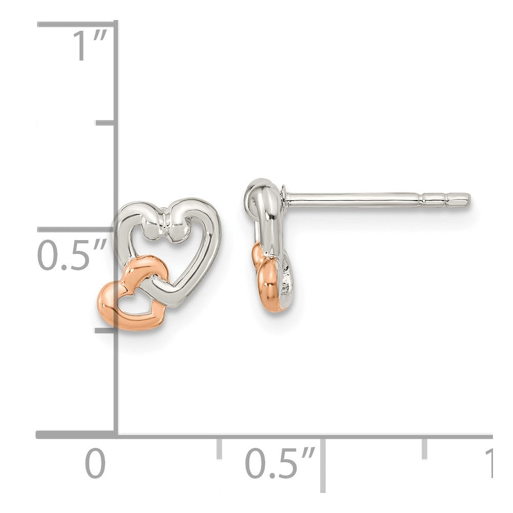 Sterling Silver Rhodium/Rose Gold-plated Polish Double Heart Post Earrings