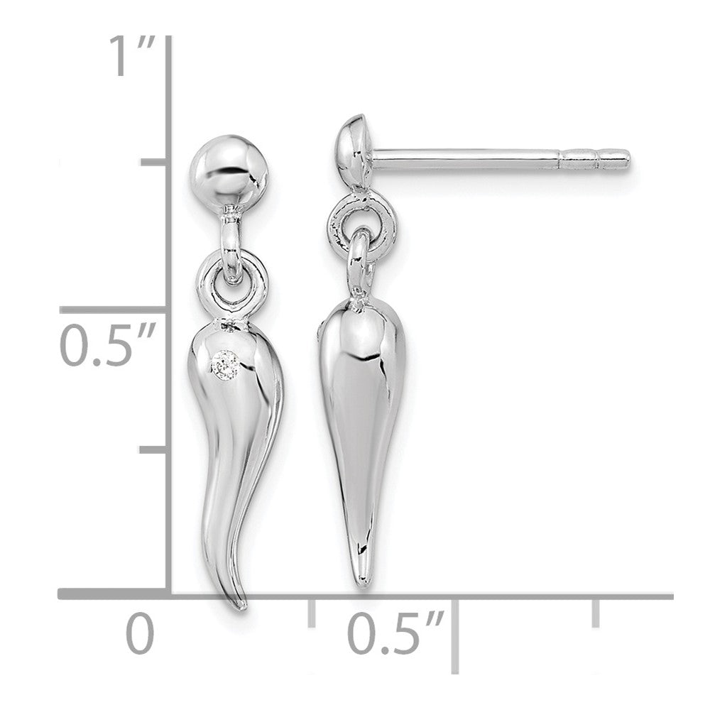 Sterling Silver RH-plated Polish CZ Italian Horn Dangle Post Earrings