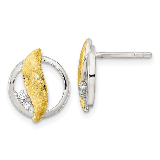 Sterling Silver Rh-pltd Gold-tone Polished/Brushed CZ Circle Post Earrings
