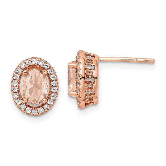 Sterling Silver Rose-tone Polished Pink & White CZ Oval Post Earrings