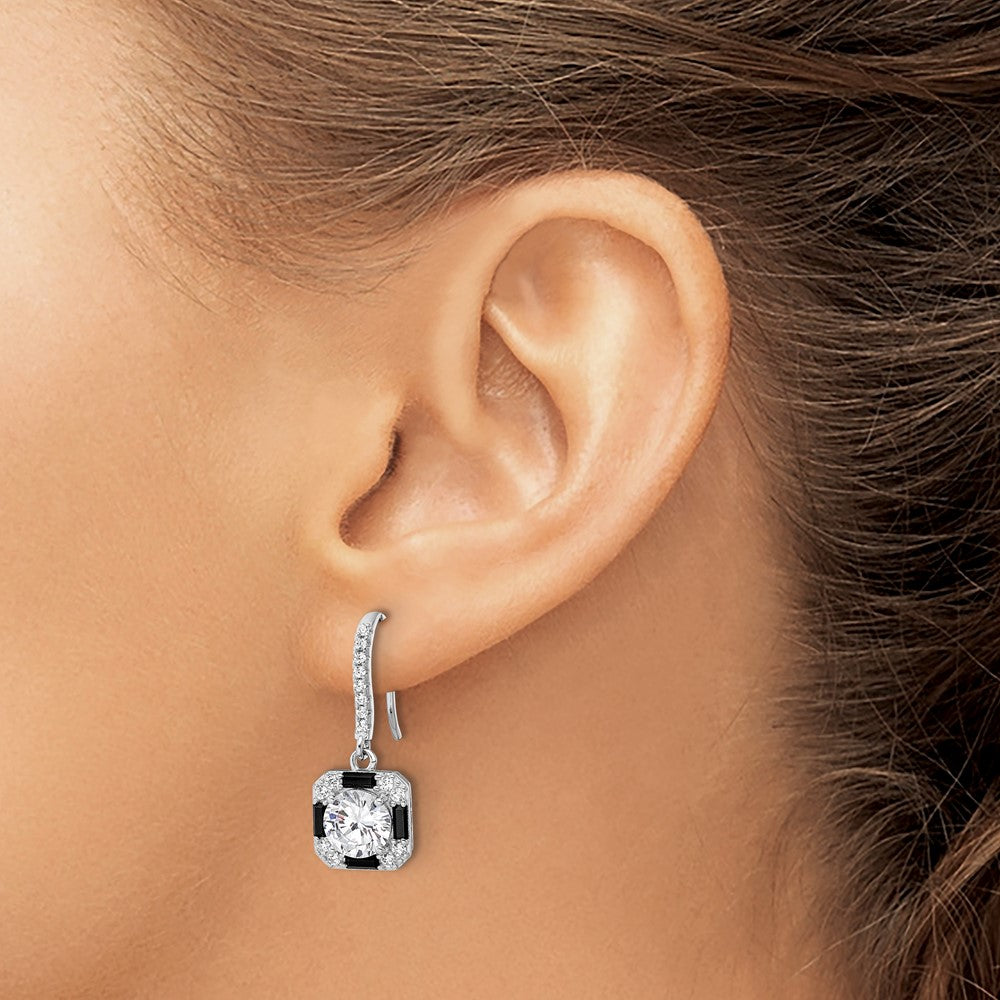 Sterling Silver Rhodium-plate CZ & Black Nano Crystal Square Earrings