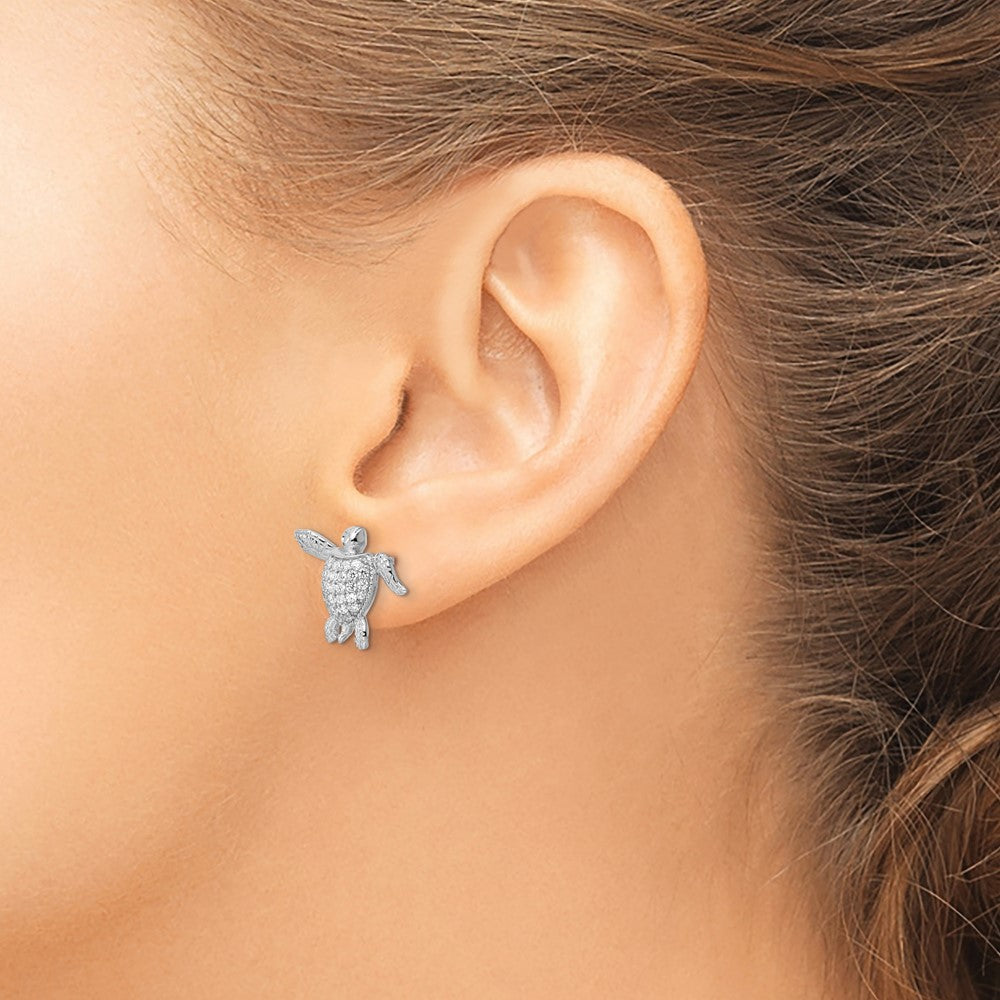 Sterling Silver Rhodium-plated CZ Sea Turtle Post Earrings