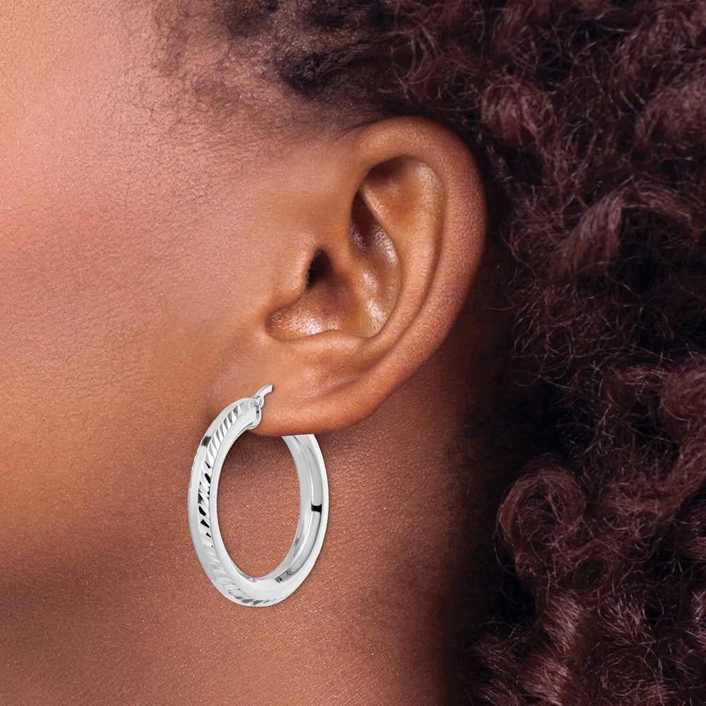 Sterling Silver Rhodium-plated 5x34mm D/C Octagon Tube Hoop Earrings