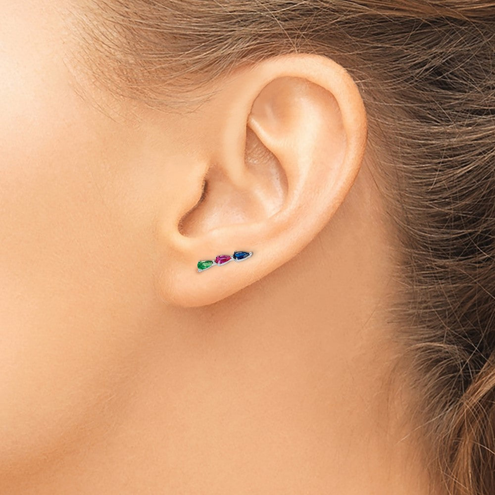 Sterling Silver RH-plated Polished Multi-color Pear CZ Ear Climber Earrings