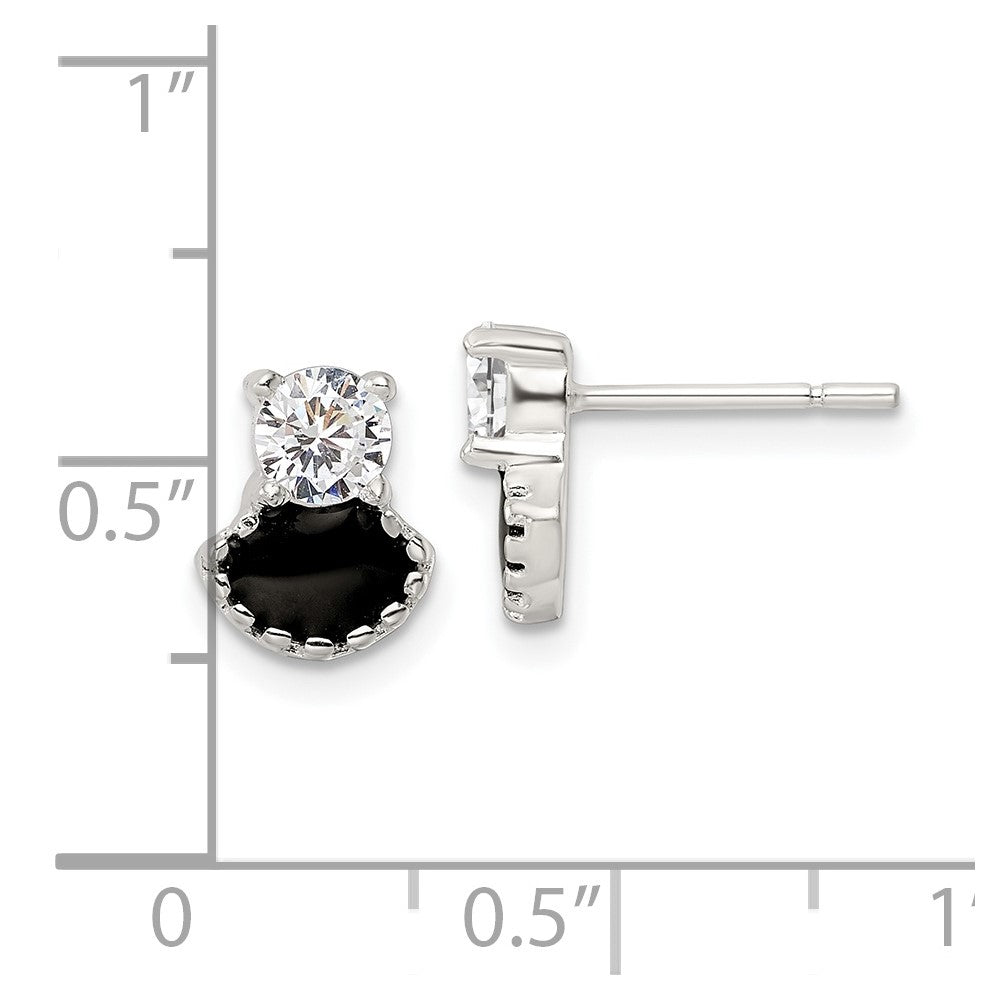 Sterling Silver Polished Black Enamel & CZ Post Earrings