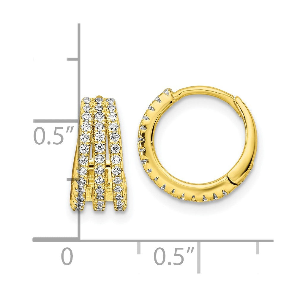 Sterling Silver Gold-tone Polished Triple Row CZ Hinged Hoop Earrings