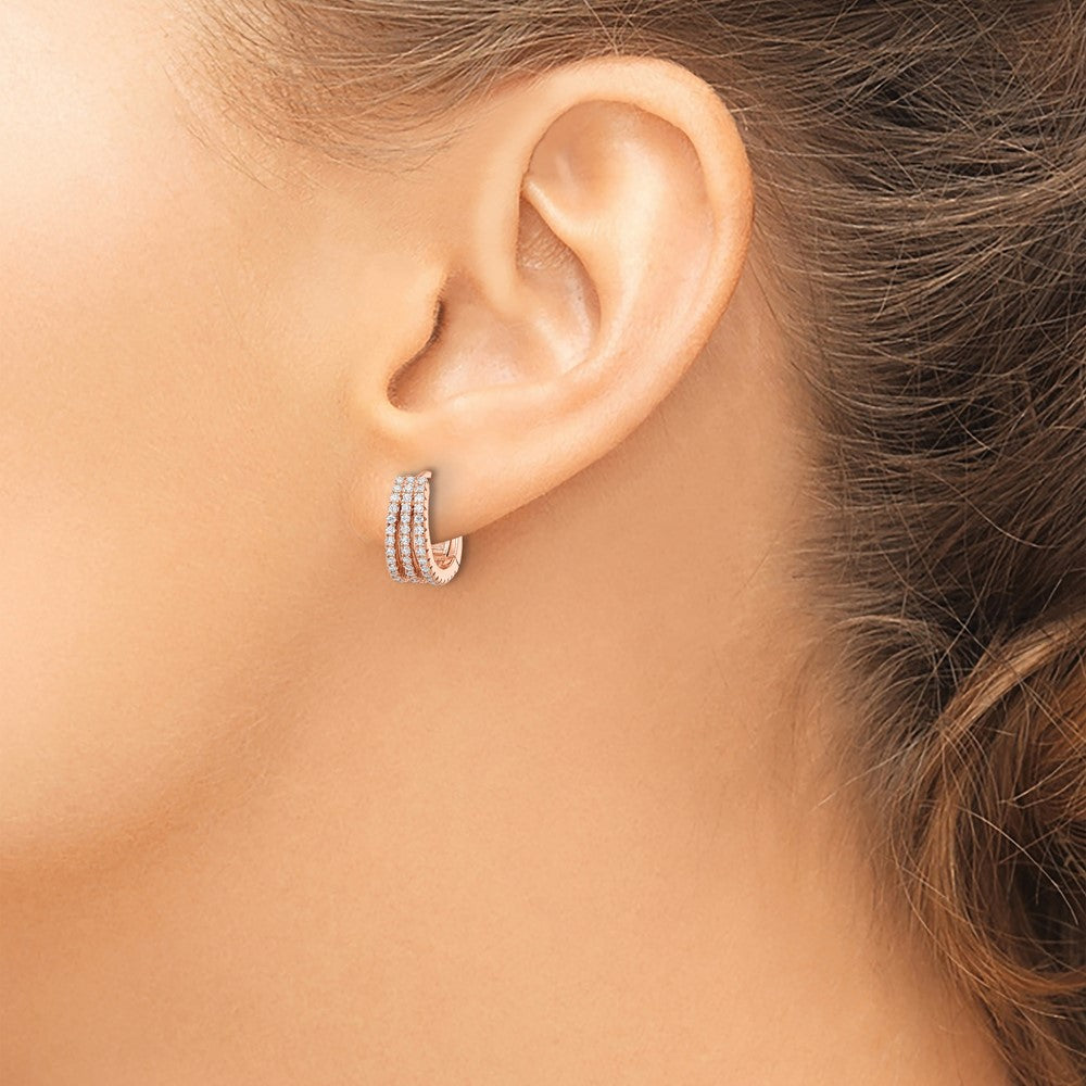 Sterling Silver Rose-tone Polished Triple Row CZ Hinged Hoop Earrings