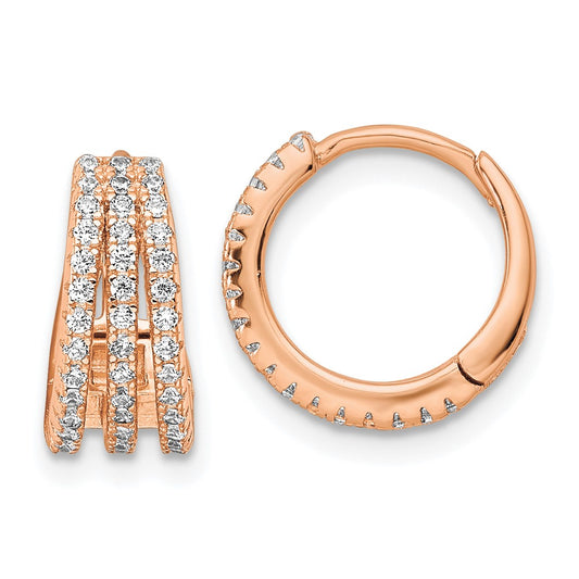 Sterling Silver Rose-tone Polished Triple Row CZ Hinged Hoop Earrings