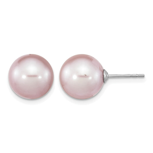 Sterling Silver Rhodium-plated 10-11mm Purple Round Freshwater Cultured Pearl Post Earrings