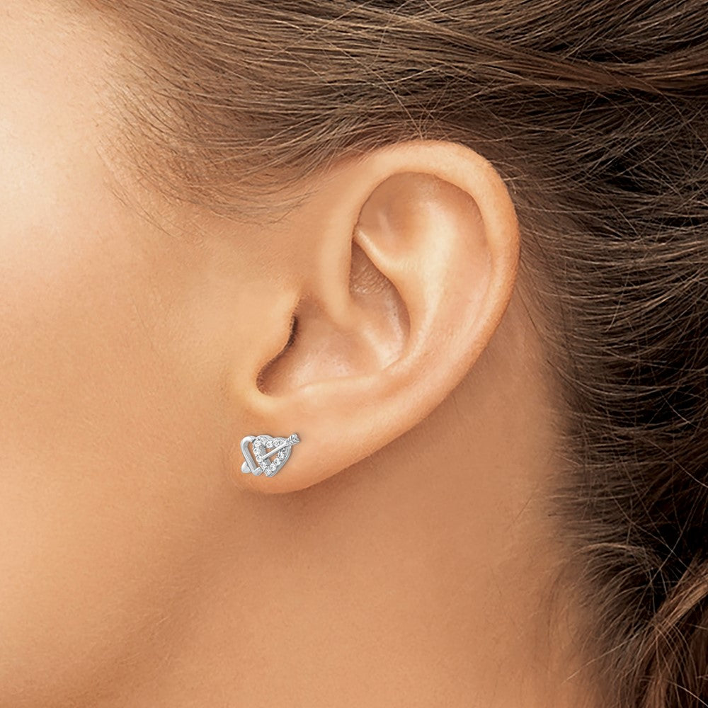 Sterling Silver Rhodium-plated CZ Double Heart and Arrow Post Earrings