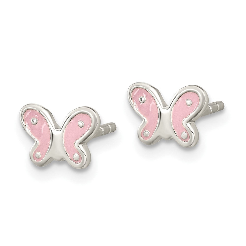 Sterling Silver RH-pltd Polish Pink Enamel Butterfly Post Earrings