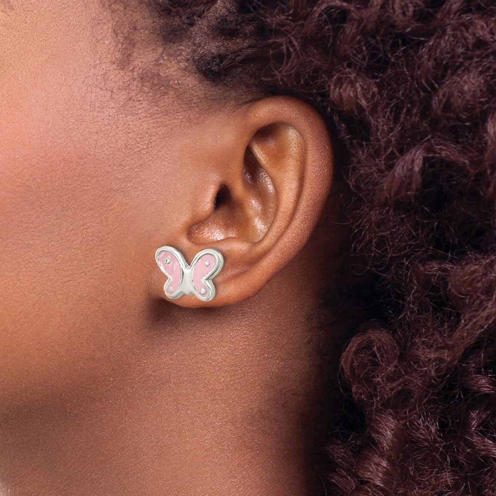 Sterling Silver RH-pltd Polish Pink Enamel Butterfly Post Earrings