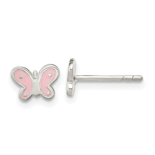 Sterling Silver RH-pltd Polish Pink Enamel Butterfly Post Earrings