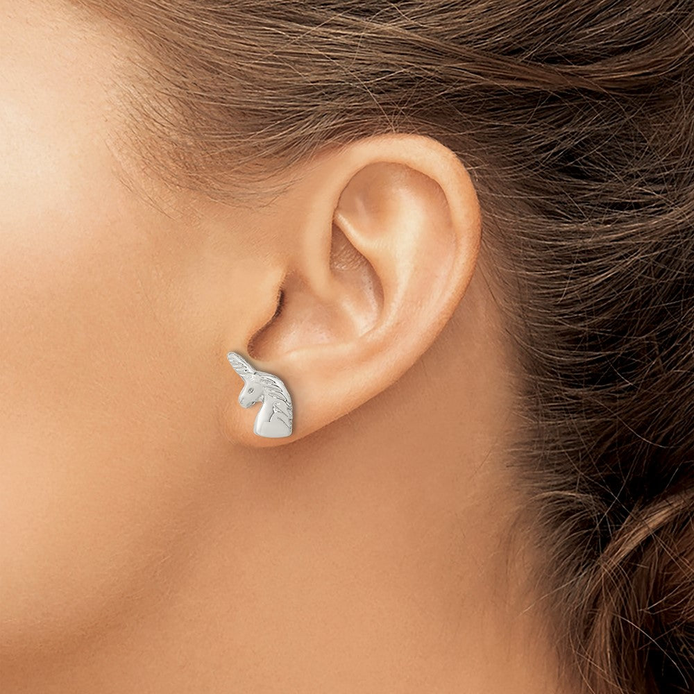 Sterling Silver Rhodium-plated Polished Unicorn Head Post Earrings